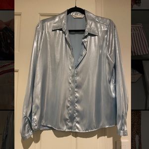Metallic blue button down shirt